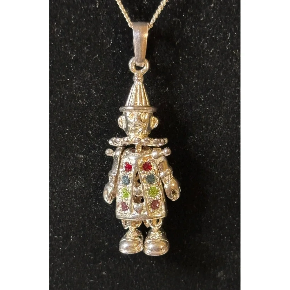 Rare VTG Articulated Clown Pendant Necklace 925 Silver Multi Jewels 6g Kidcore‎